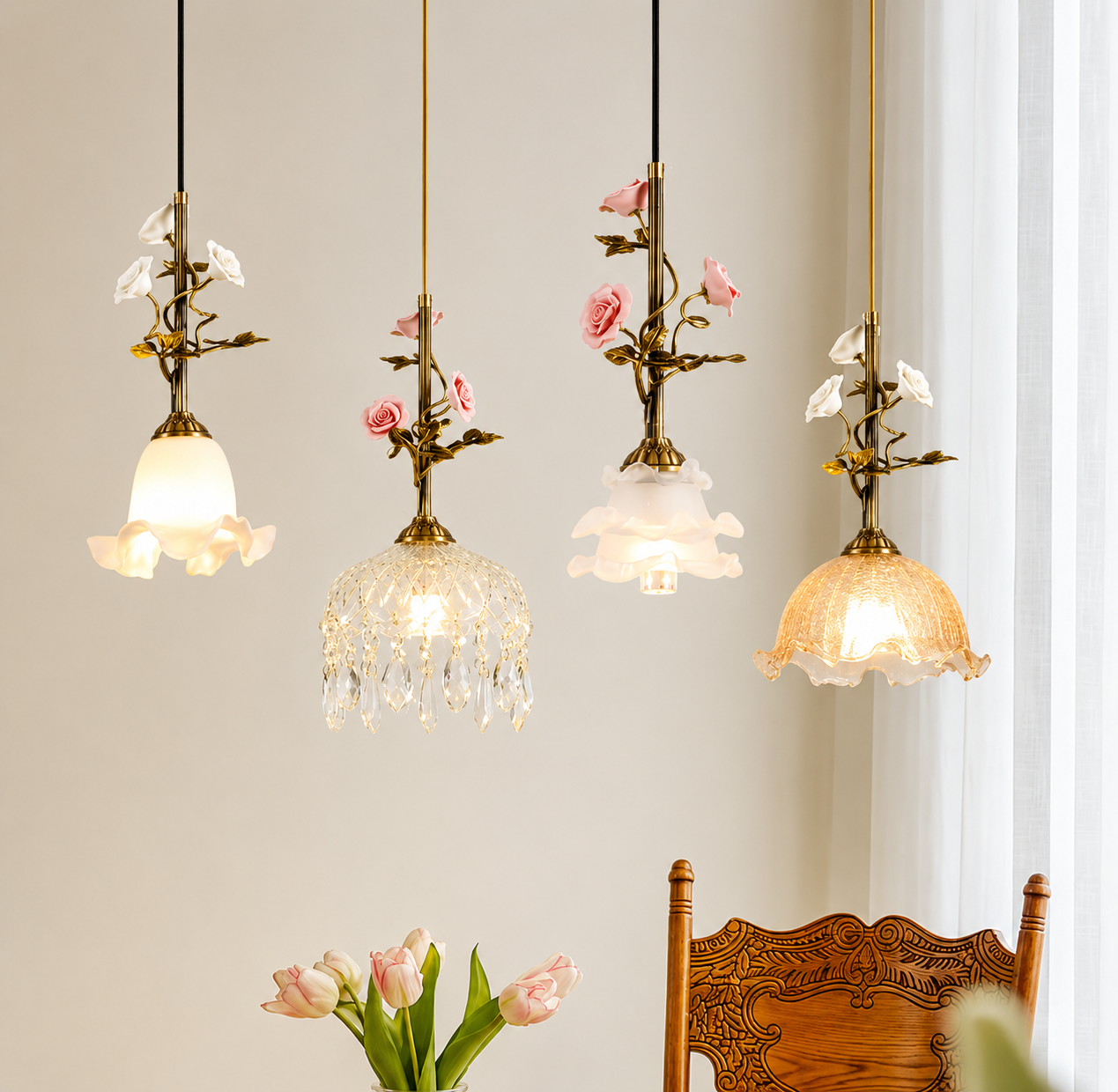 DT260624 Đèn Thả Đồng Hoa Sứ Pháp